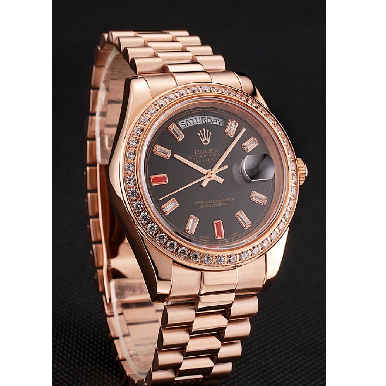 Aaa replica watch Gold And 1454102 Rose Bracelet Swiss Black Rubies Dial Day-Date Diamonds Rolex 0616